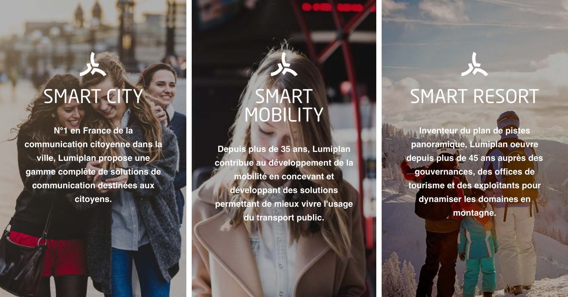 Les trois solutions Lumiplan : Smart City, Smart Mobility & Smart Resort